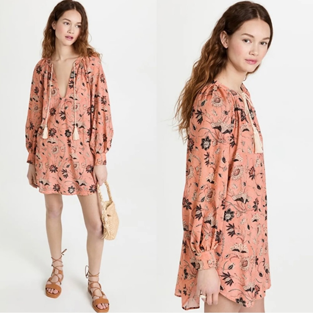 ULLA JOHNSON Biarritz Tassel Floral Voile Tunic Mini Dress